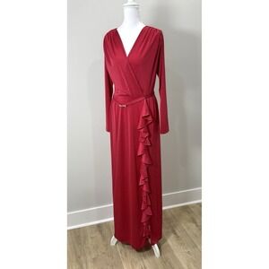 Vintage Dark Pink Maxi Dress Long Sleeve Ruffle‎ Belted Draped 70s Style Size S